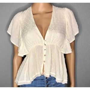 Anama Cream Swiss Dot Rayon Boho Crop Top V-Neck Flutter Sleeve Large S19-027
